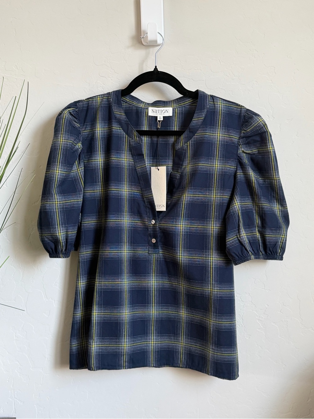 NWT Nation LTD Plaid Puff Sleeve Henley Top Pima Cotton XL Sold Out